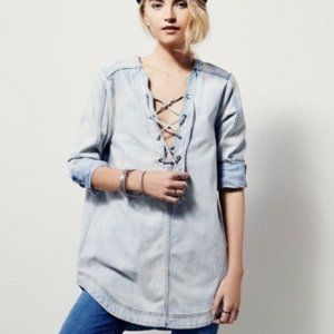 Free People Indigo Lace Up Denim Tunic in Blue Sky